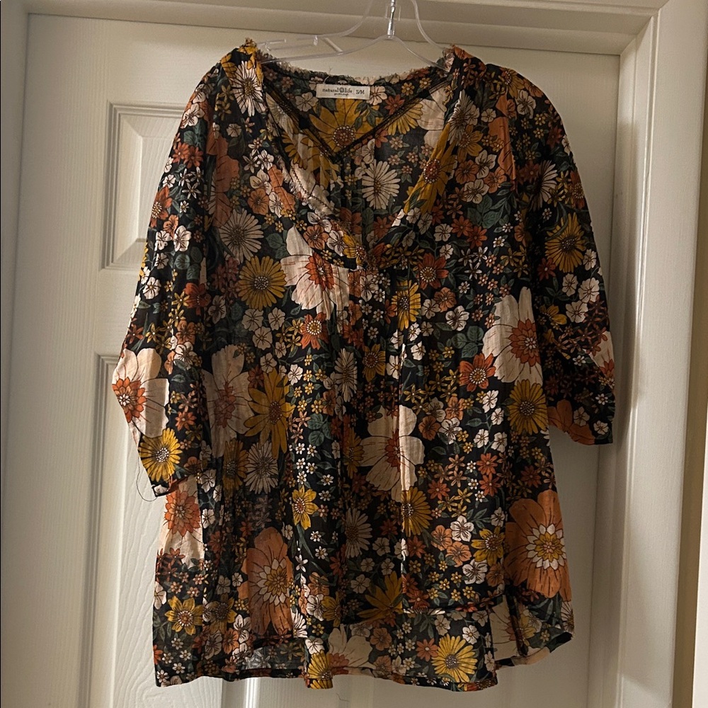 NATURAL LIFE Black Floral V-Neck Peasant Blouse with Rust and Mustard Flowers
